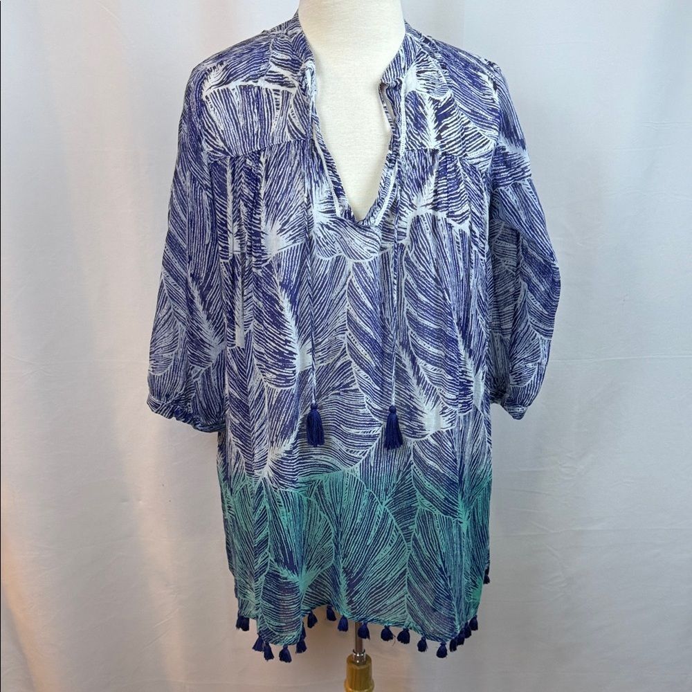 Roberta Roller Rabbit Blue and White Tropical Swim Coverup with Tassels, XS